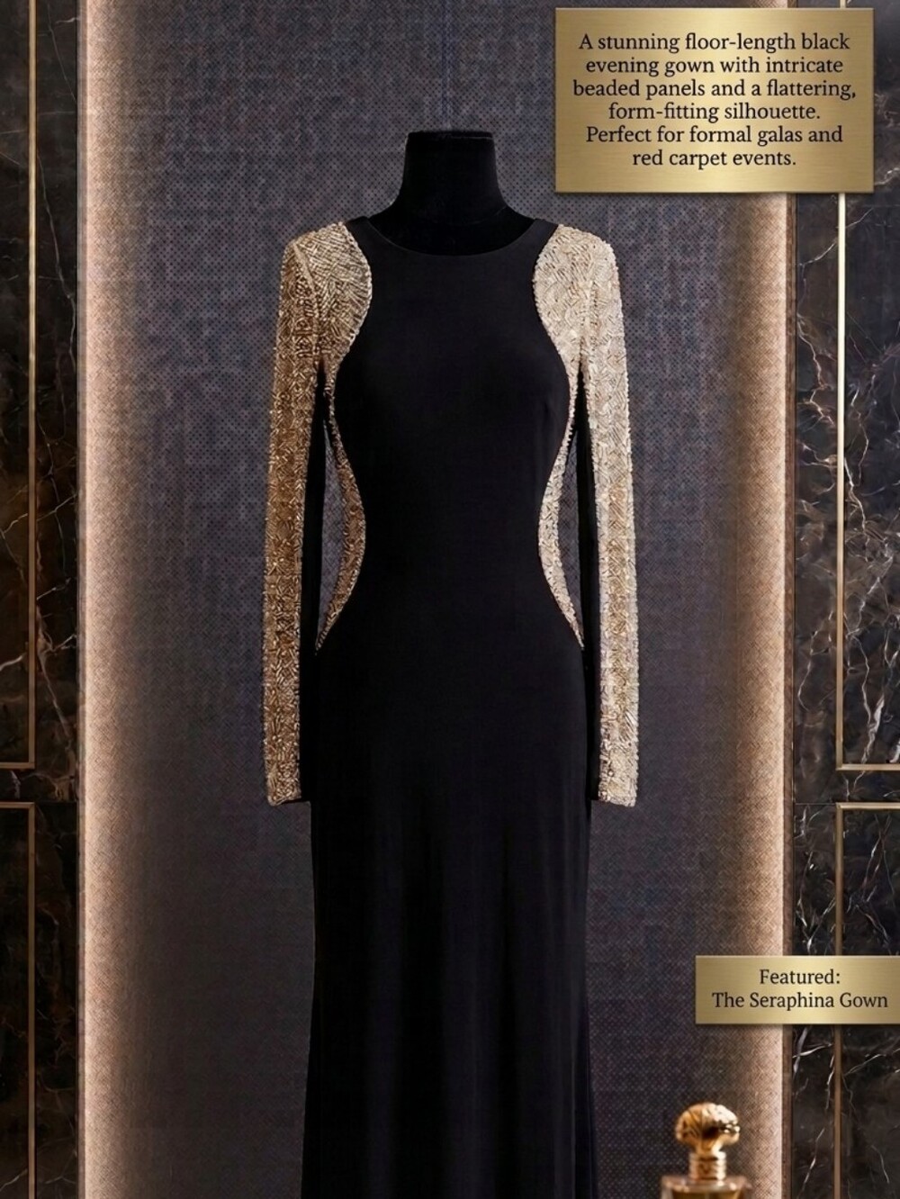 The Seraphina Gown — Black with Gold Beaded Sleeves
